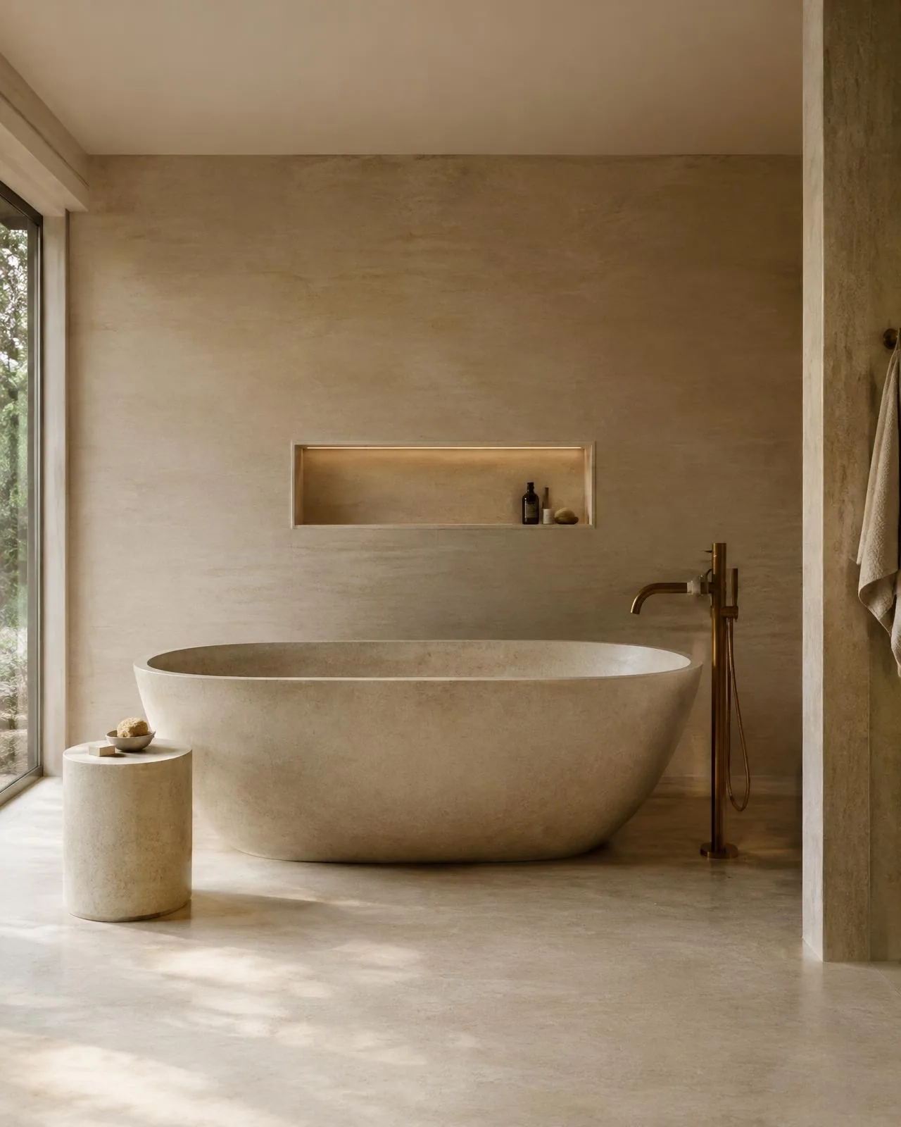 Concept inspiration: Limestone bathroom with freestanding stone tub and bronze fixtures
