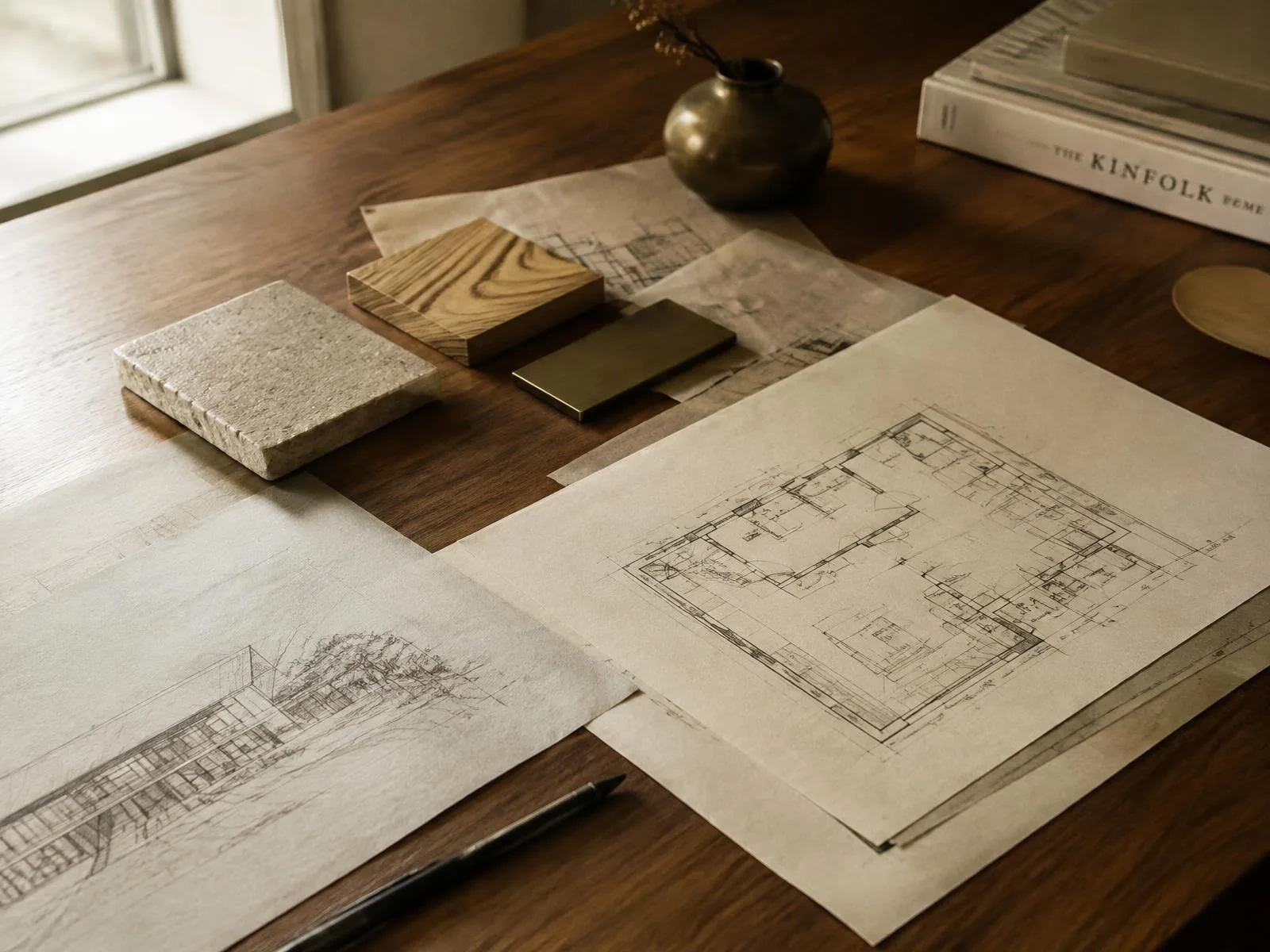 Concept inspiration: Hand-drawn floor plans with stone, oak and bronze material samples