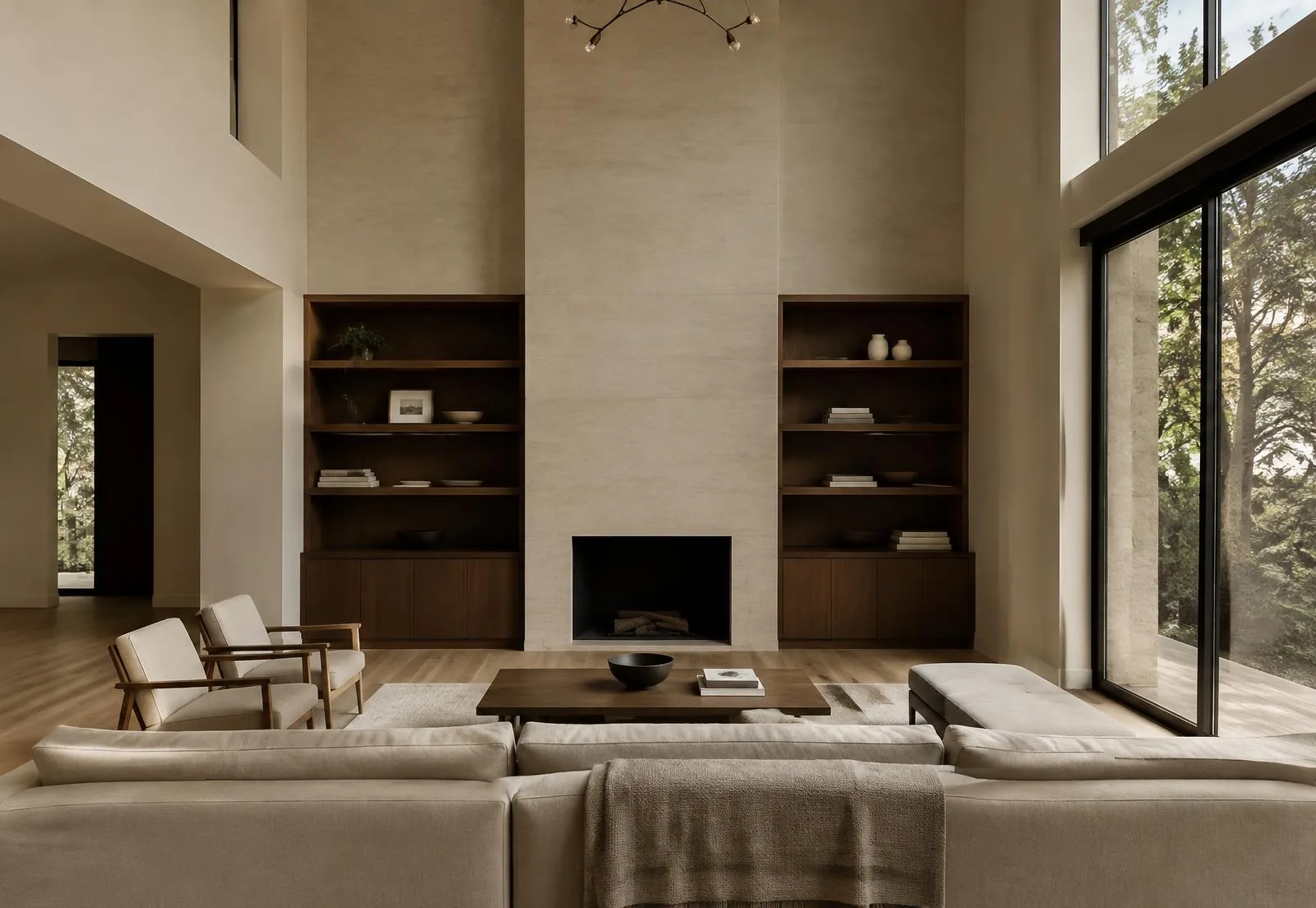 Concept inspiration: Double-height living room with limestone fireplace and walnut shelving
