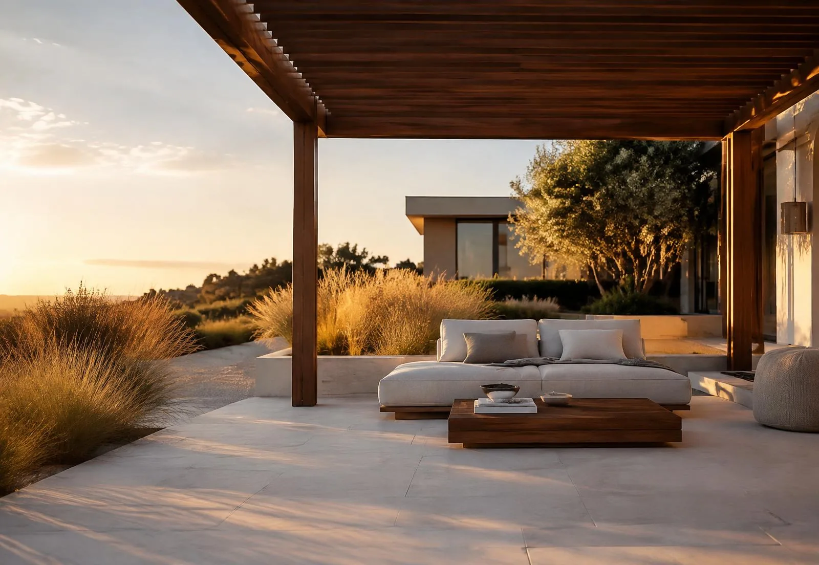 Concept inspiration: Stone terrace under a walnut pergola at golden hour